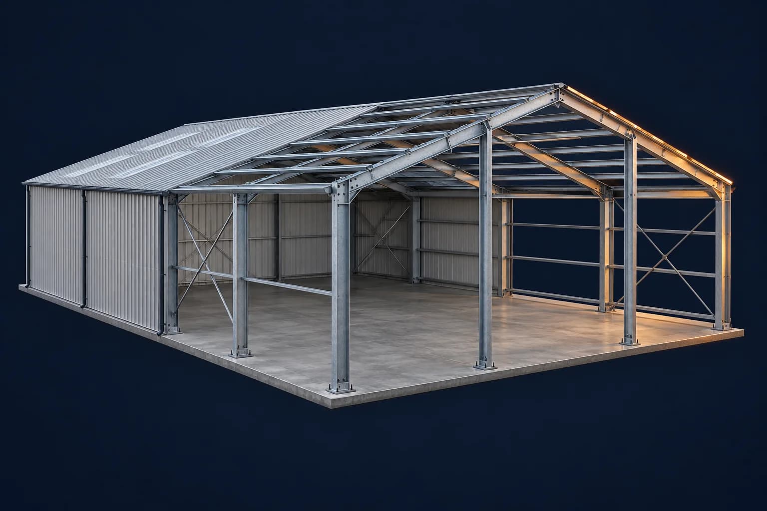 Illustration 3D d’une structure métallique industrielle, de la charpente à l’enveloppe du bâtiment